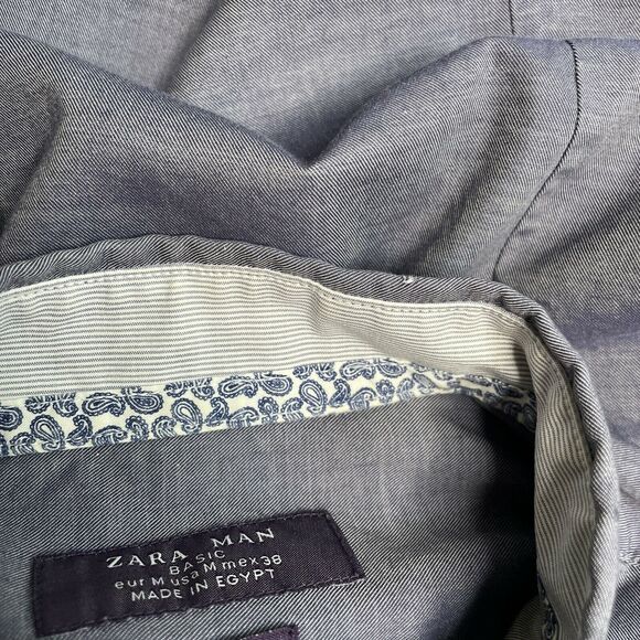 Zara Man Chambray Tailored Fit Paisley Flip Cuff Button Up Long Sleeve Med Blue - Picture 10 of 10